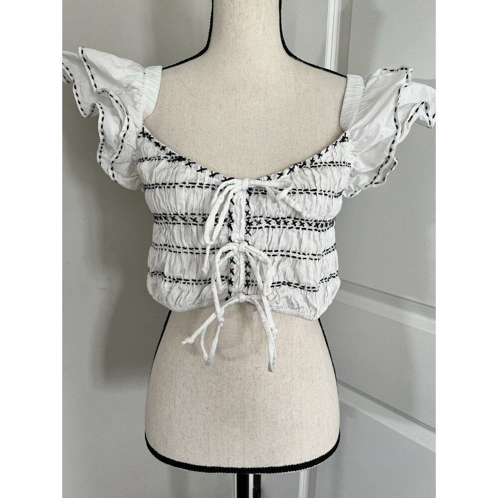 Anthropologie Smocked Crop Top White With Black Stitching Medium EUC